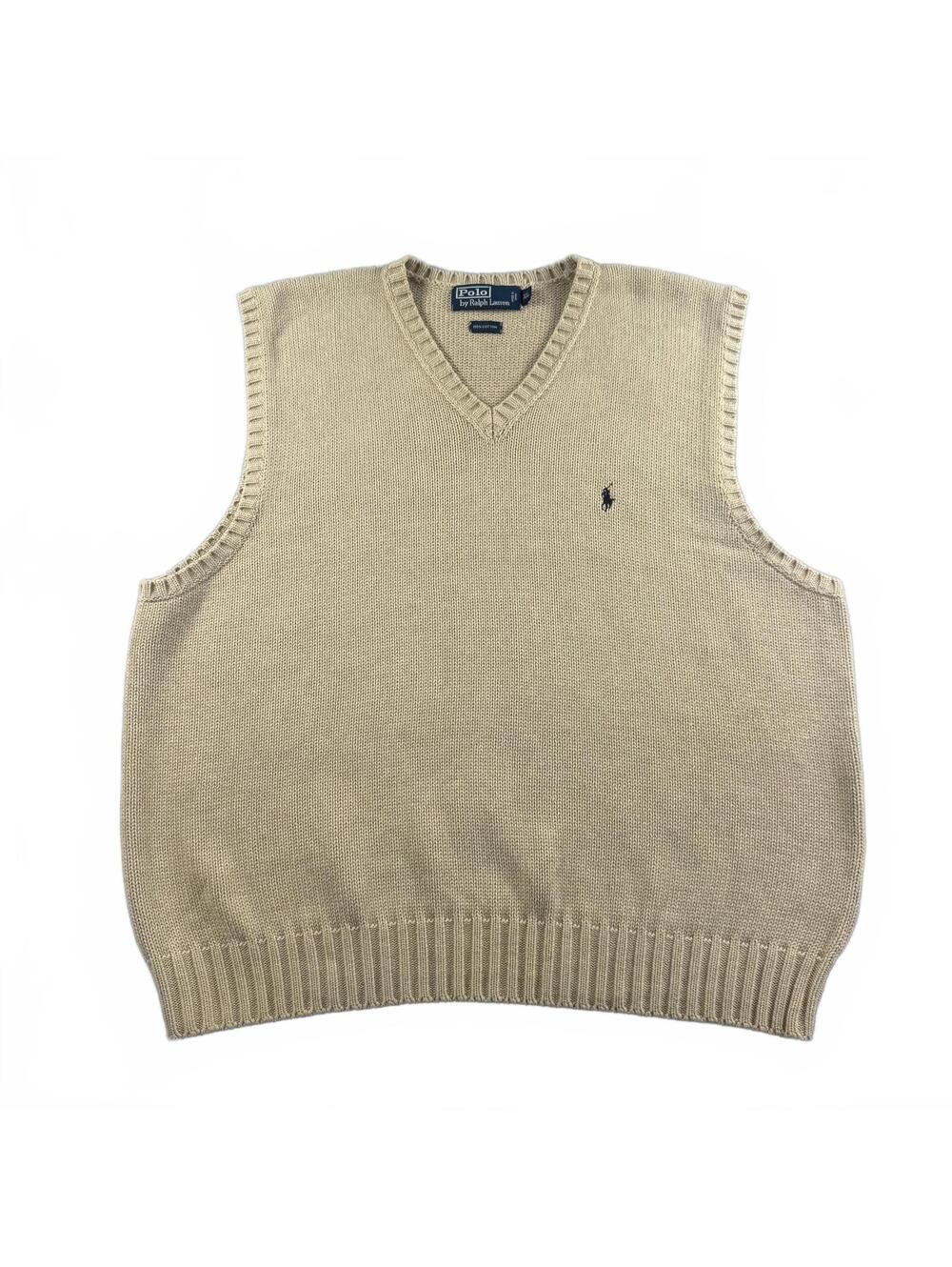 Polo Ralph Lauren Sweater Vest Men XL V-Neck 100% Cotton Beige Knit Preppy